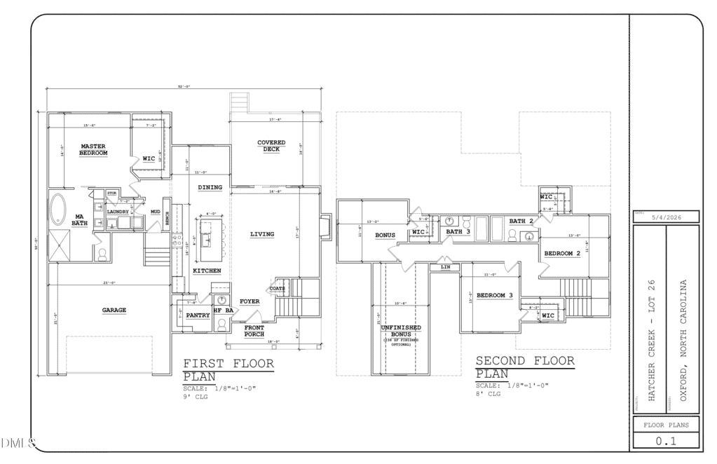 Architectural floor plan showing two levels of a house: first floor with master bedroom, garage, kitchen, living, and dining areas; second floor with two bedrooms, bonus room, bath, and storage.