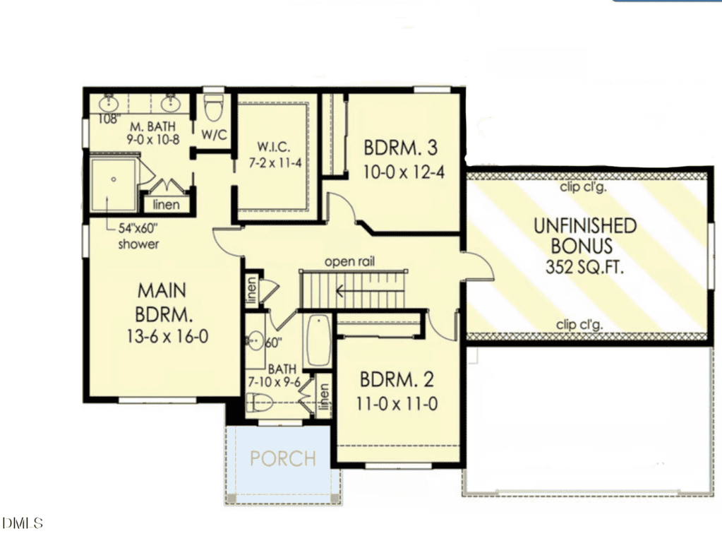 Floor plan showing three bedrooms, two and a half baths, a porch, closets, stairway with open rail, and an unfinished bonus room labeled as 352 sq. ft. Room sizes and features are labeled throughout the layout.