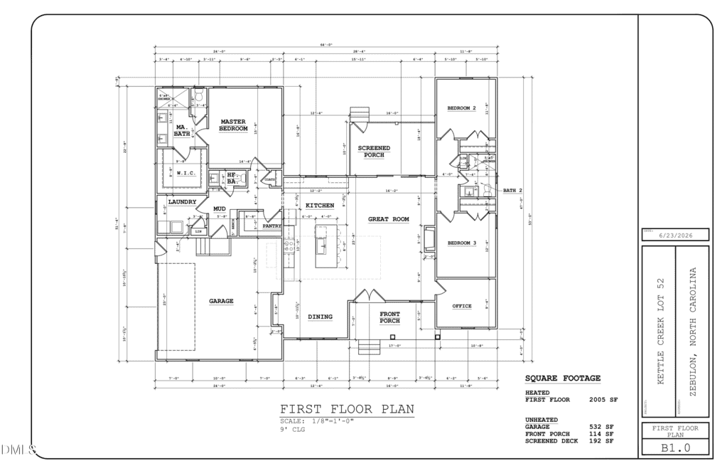 Architectural floor plan for a single-story home showing rooms such as kitchen, dining, great room, bedrooms, bathrooms, garage, laundry, and screened porch. Dimensions and square footage are labeled on the right side.
