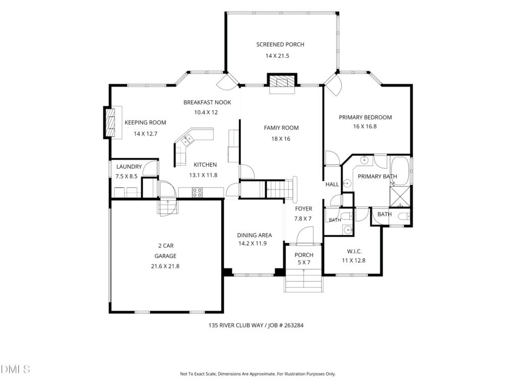 Black-and-white floor plan of a single-story house showing rooms including kitchen, family room, primary bedroom, screened porch, garage, and labeled dimensions. Entry, hallways, closets, and bathrooms are indicated. Text labels each area.