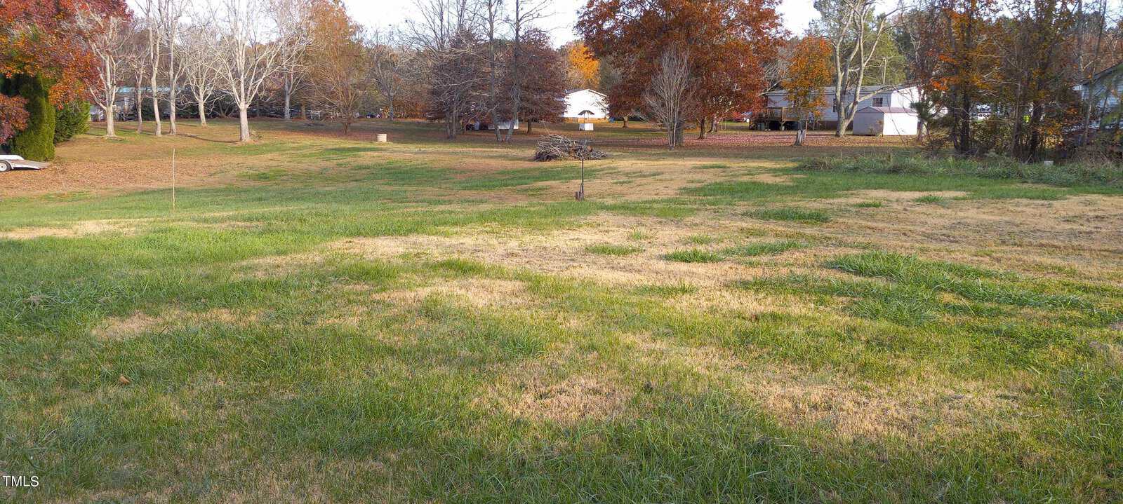 A grassy yard with patches of brown grass, surrounded by trees with autumn foliage. In the background, there are a few houses and a pile of branches. The sky is overcast, creating a calm atmosphere.