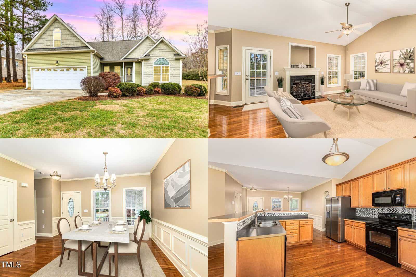 Collage of 108 Keeneland Drive, Oxford: an exterior view with a two-car garage and front yard, a cozy living room with a fireplace, an elegant dining room featuring a chandelier, and a kitchen boasting wooden cabinets and stainless steel appliances.