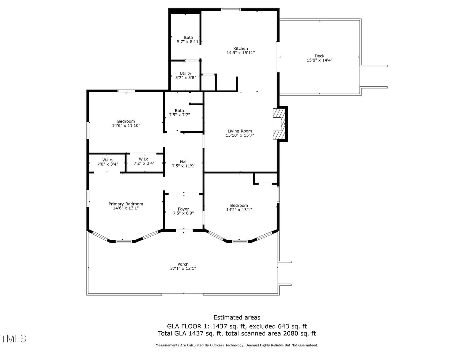 Architectural floor plan of a two-story residential building showing room dimensions and layout, including living areas, bedrooms, kitchen, and a porch, with calculated square footage for each floor.
