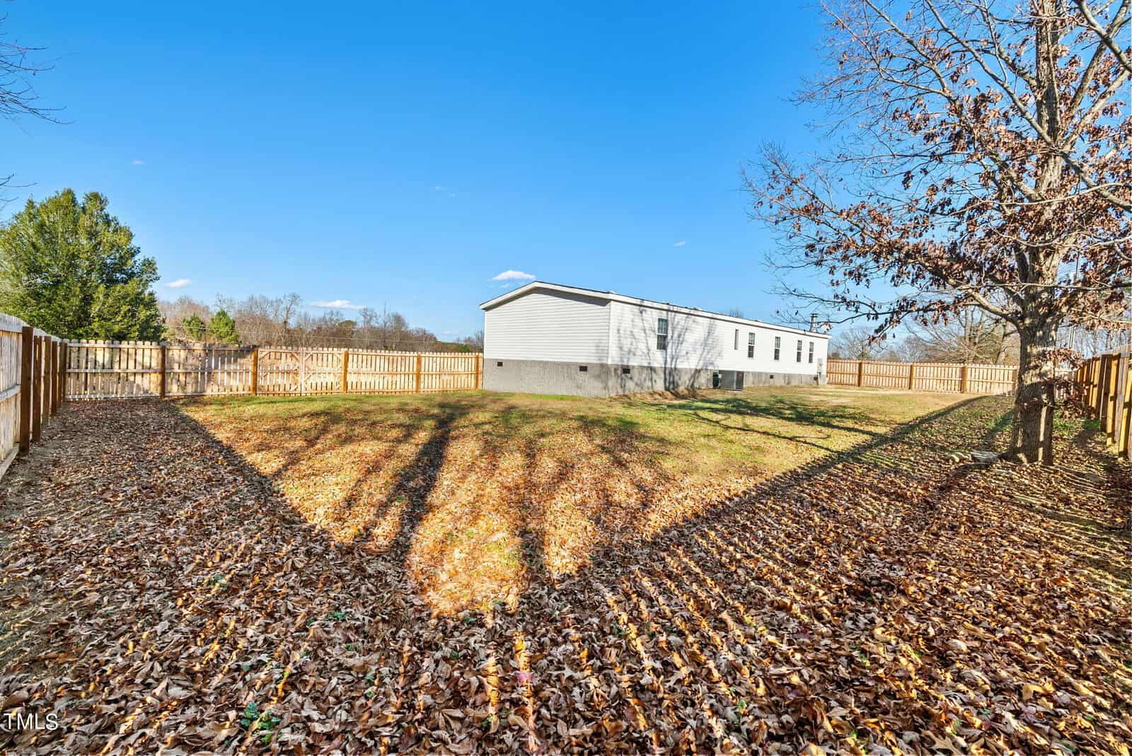A spacious backyard with scattered autumn leaves, casting long tree shadows on the ground, enclosed by a wooden fence, with a view of the back of a single-story house.