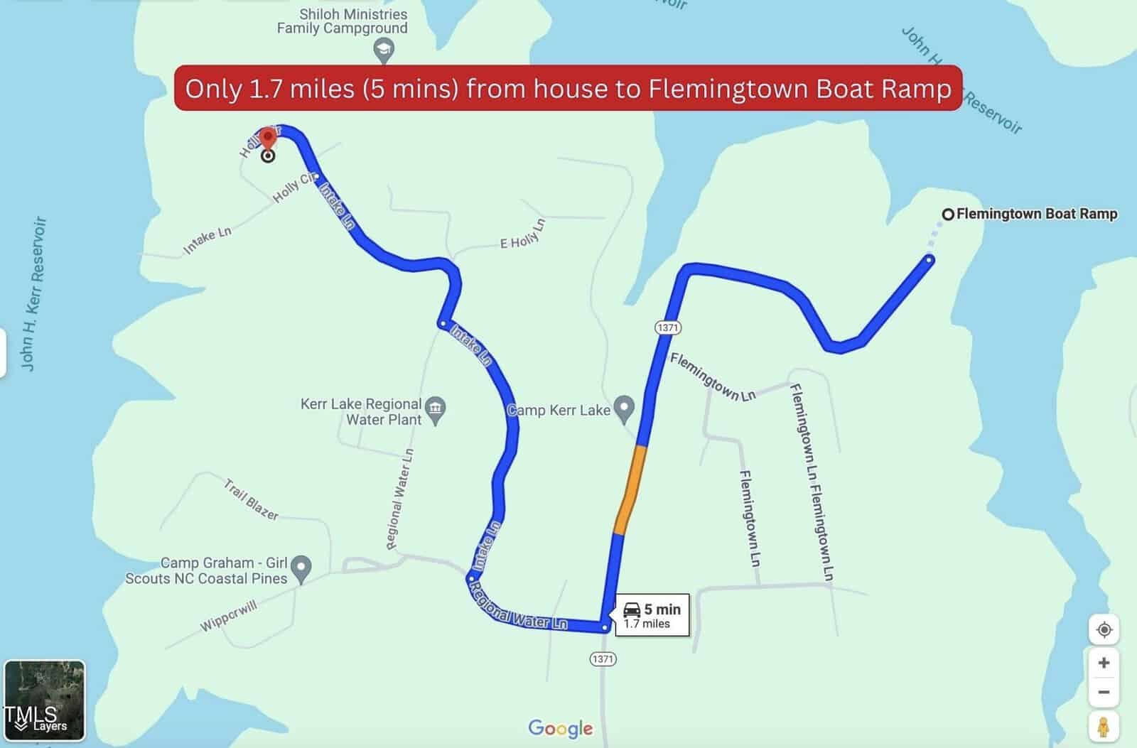 A map showing a route from a residential location to the flemington boat ramp, highlighting a short travel distance of only 1.7 miles, estimated to take 5 minutes by car.