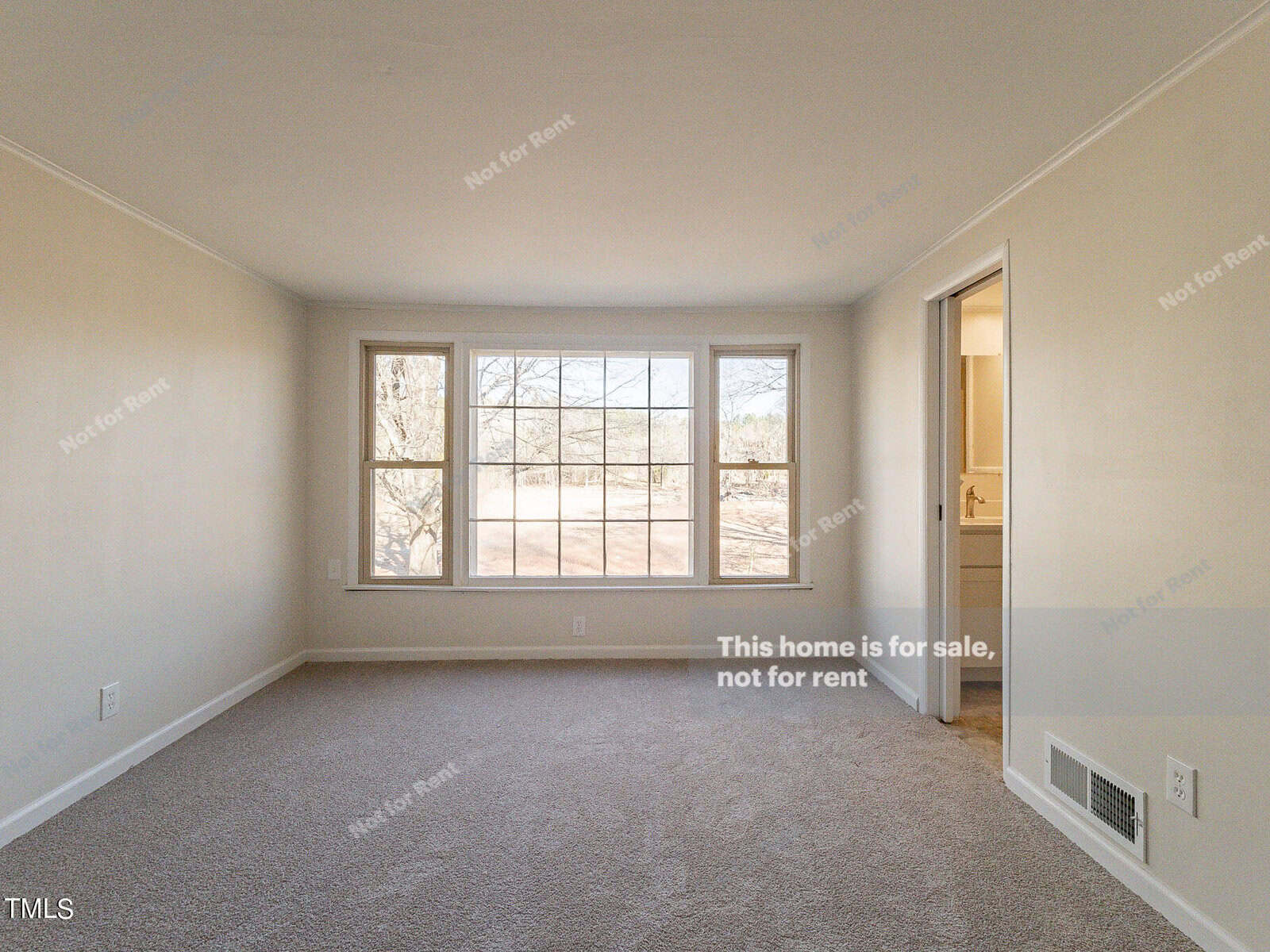 Empty room with beige carpet and light-colored walls, featuring a large window showing a view of trees. Text on the wall indicates the home is for sale, not for rent. A doorway leads to an adjacent area.