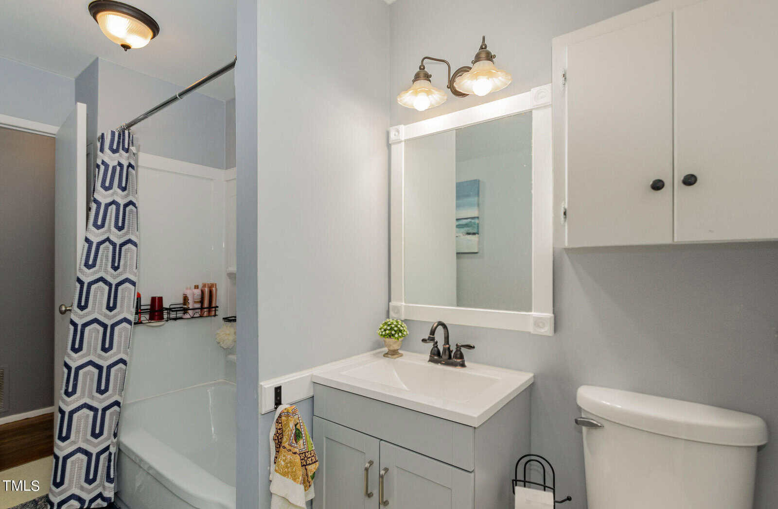 A modern bathroom with a white vanity and sink, a mirror with lights above, and a small potted plant on the counter. There's a toilet and a bathtub with a blue and white patterned shower curtain. The walls are painted light gray.