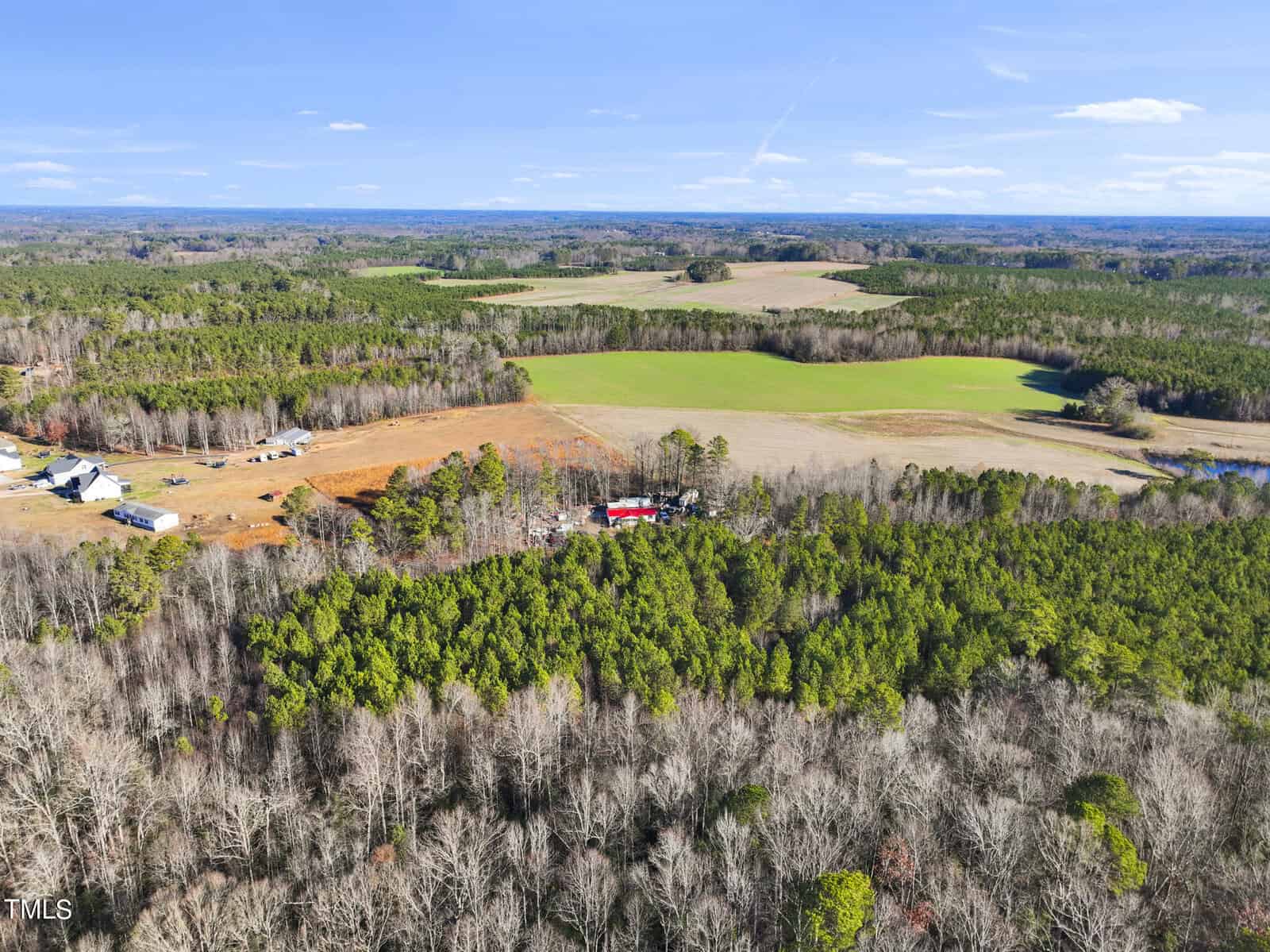 Aerial view of a rural landscape with dense forests, open green fields, scattered houses, and clear blue sky on a sunny day.