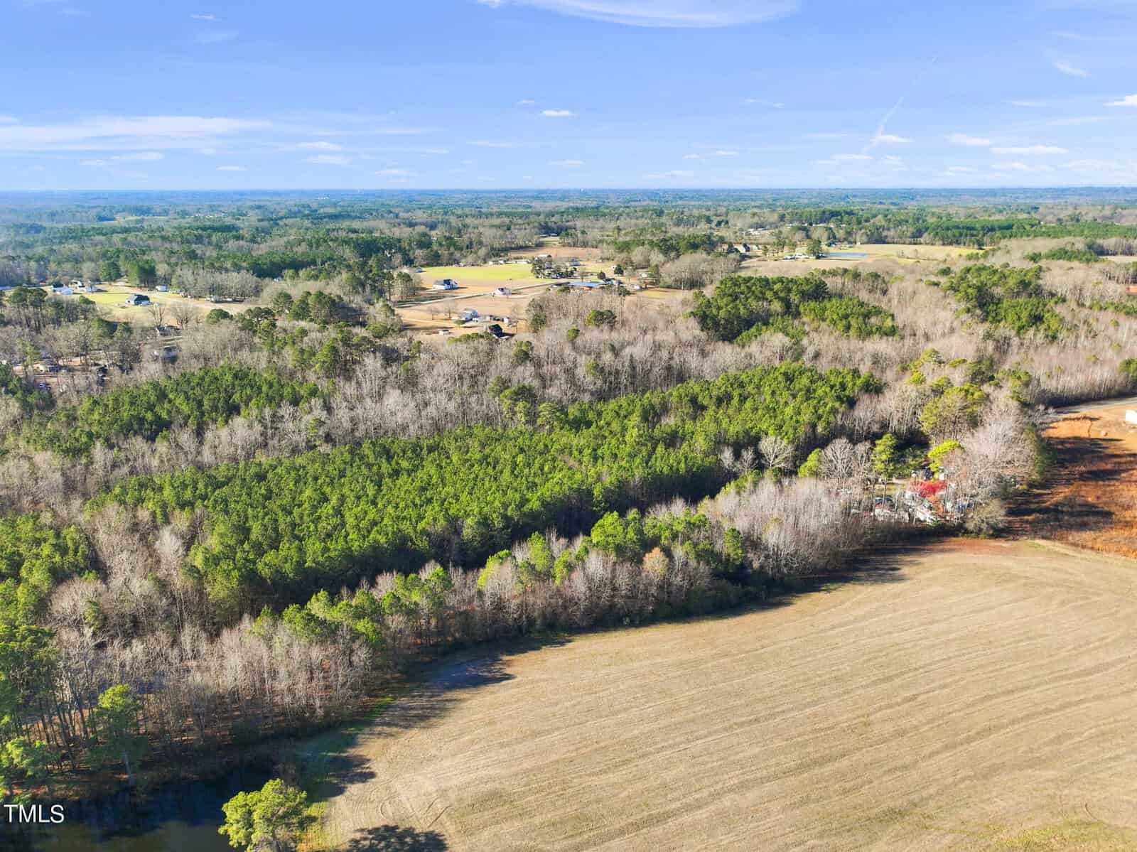 Aerial view of a rural landscape with dense green forest, open fields, scattered homes, and a small pond under a clear blue sky.
