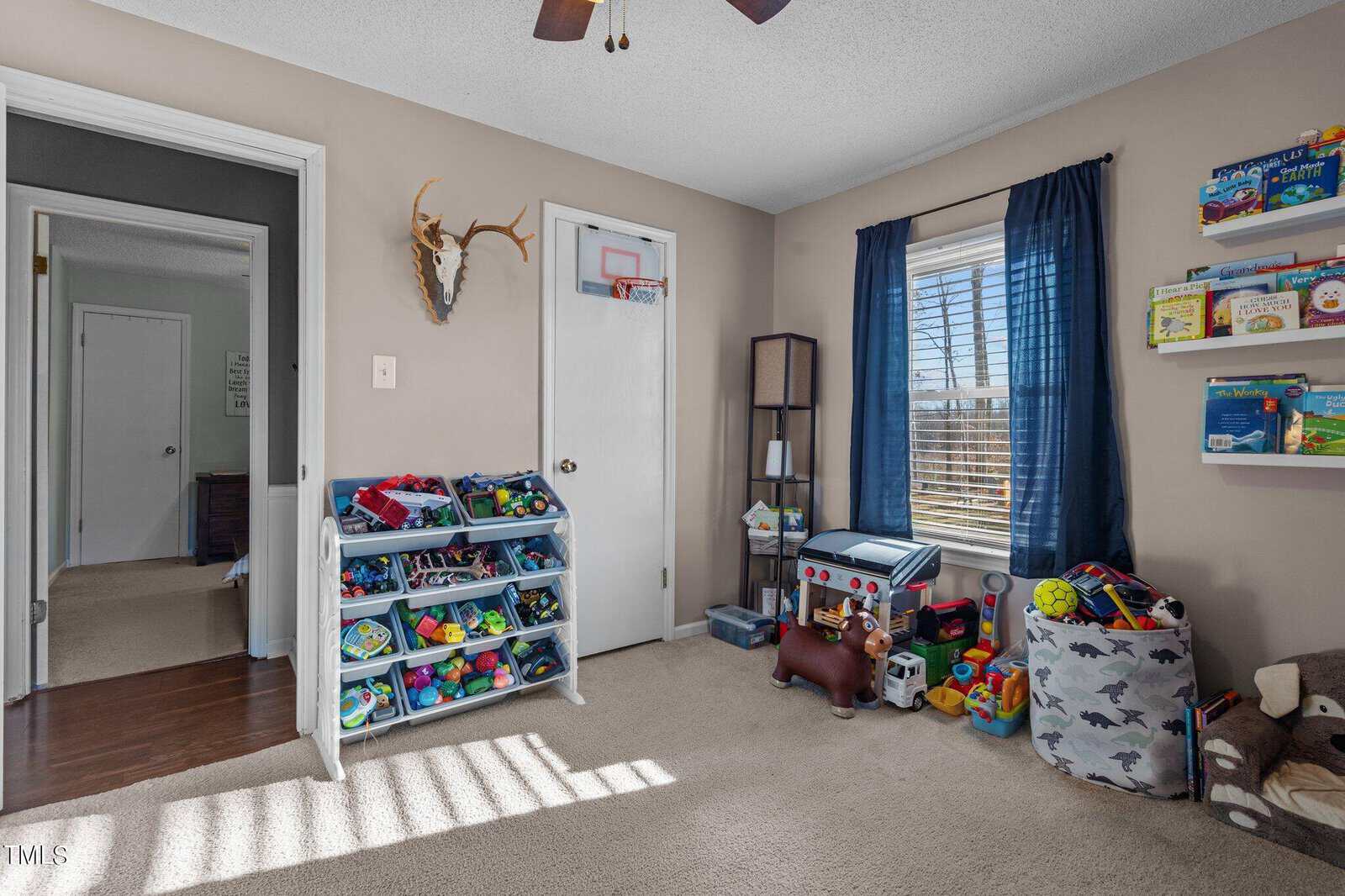 A playroom with a basketball hoop on the door, shelves filled with toys, colorful bins, and books on a wall-mounted shelf. A window with blue curtains lets in bright sunlight, illuminating the beige carpet and creating a cozy atmosphere.