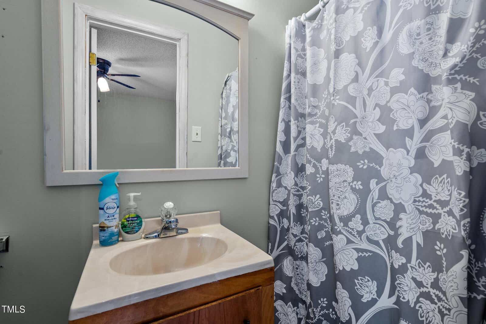 A bathroom with a small sink, a white countertop, and a wooden cabinet. A framed mirror hangs above the sink. Toiletries and cleaning products are on the countertop. The shower curtain is gray with a white floral pattern.