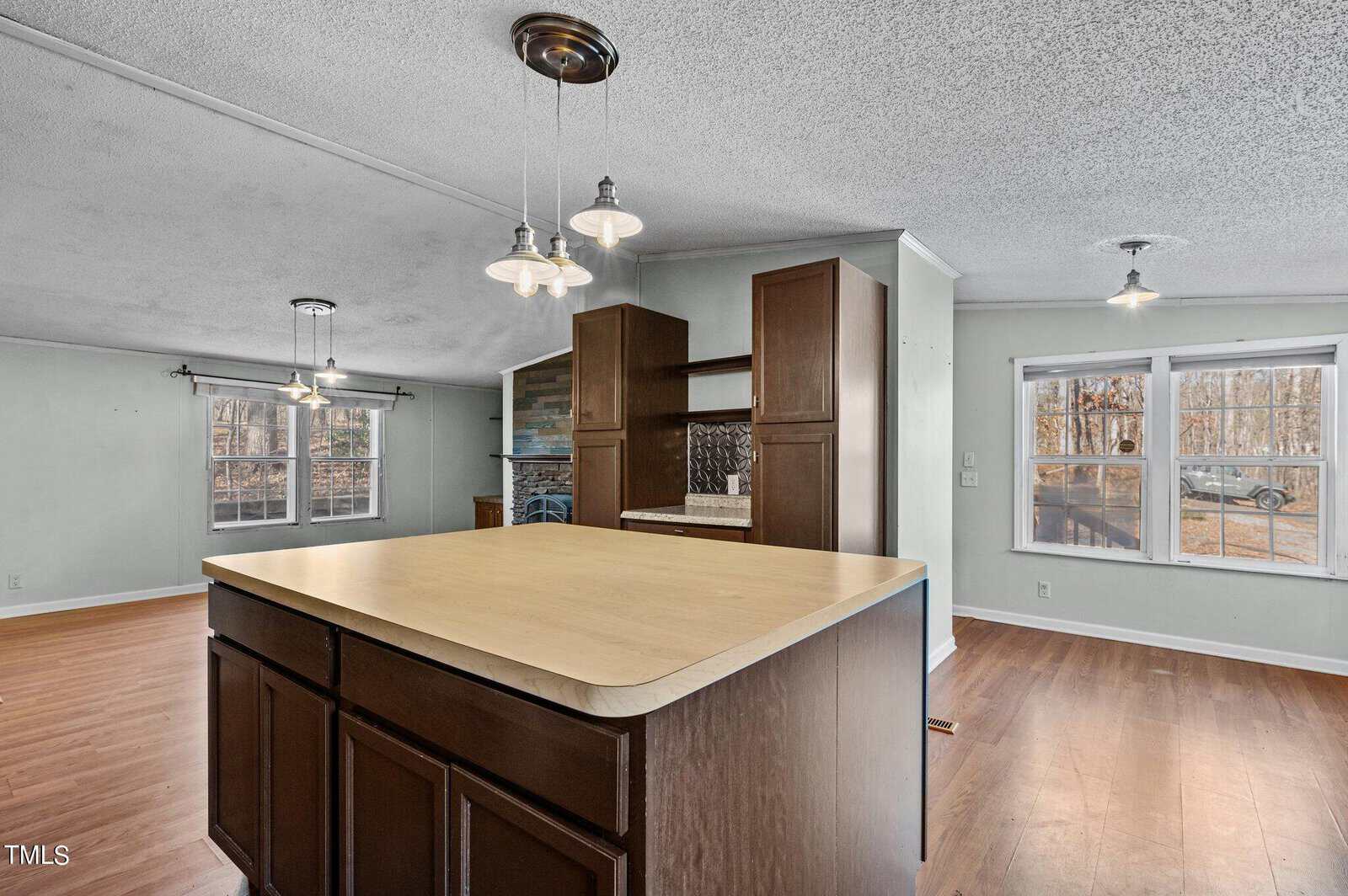 A spacious kitchen with a large wooden island, modern light fixtures, and a view of the living area. The room has light green walls, wooden flooring, and large windows with views of trees outside.