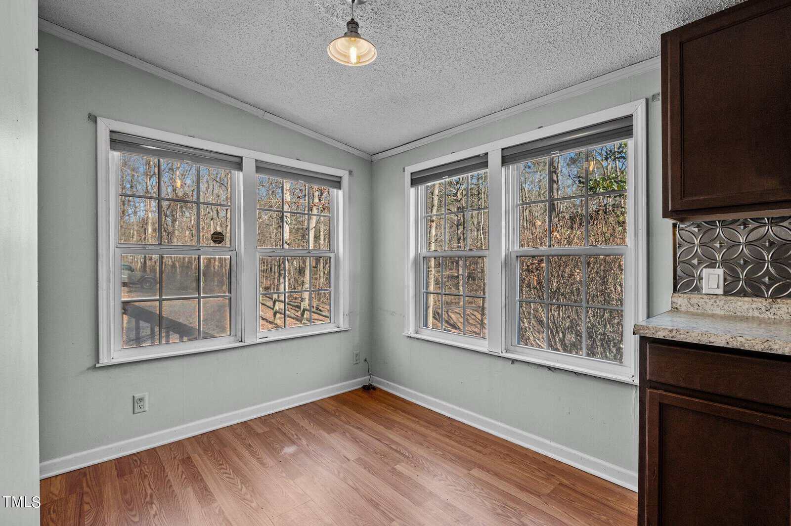 A bright, empty room with light green walls and large windows on two sides, overlooking a wooded area. The floor is wooden, and there's a single ceiling light. Brown kitchen cabinets with a backsplash are partially visible on the right.