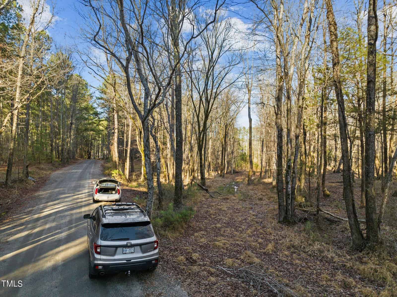 Two SUVs parked along a narrow, wooded dirt road on a clear day. Leafless trees line the road, with patches of evergreen in the background. The scene conveys a peaceful and natural setting.