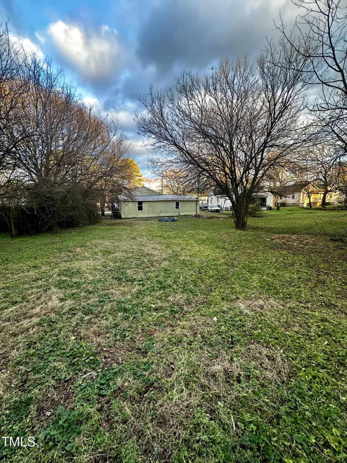 A grassy backyard with bare trees and a building in the distance under a cloudy sky.
