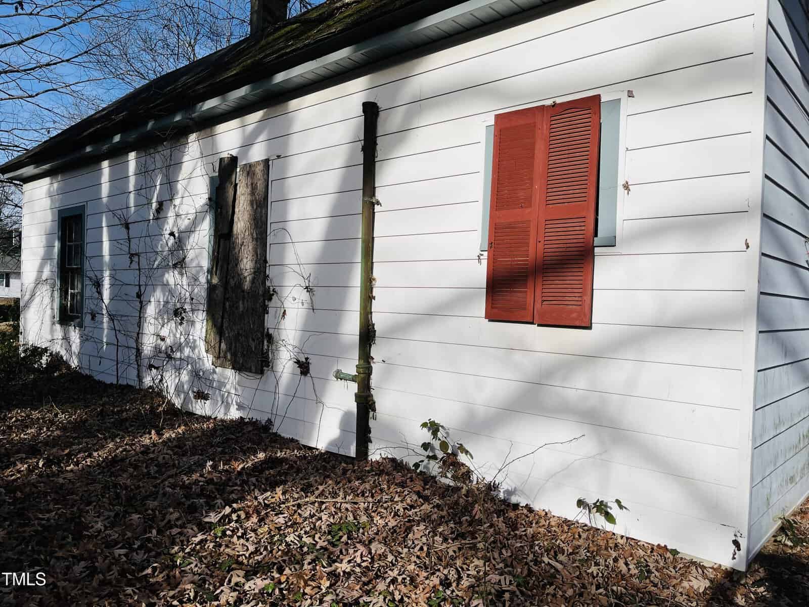 A white house with red shutters and a boarded window is seen in a wooded area. Fallen leaves cover the ground, and bare branches cast shadows on the siding.