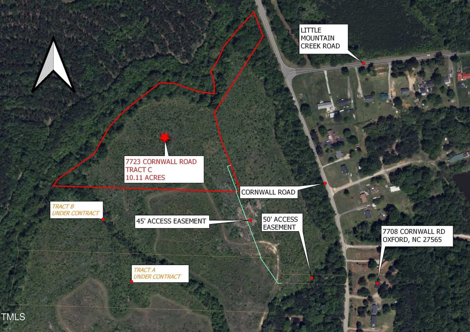Aerial view of the land plot at 7723 Cornwall Road, Tract C, near Oxford, NC, outlined in red. The map features access easements, roads, lush greenery, and a nearby residential area.