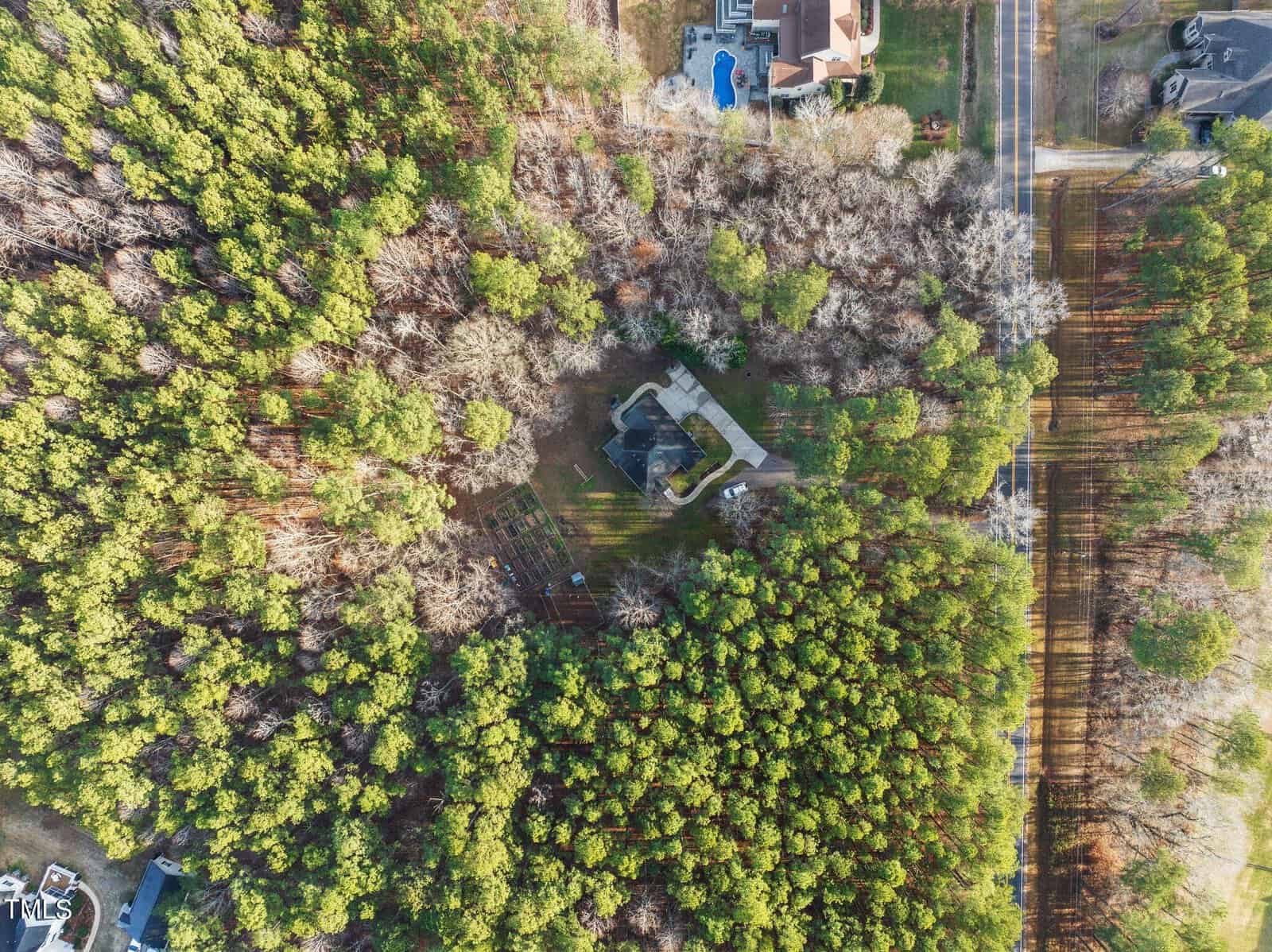 Aerial view of a house surrounded by dense, lush green forest. Adjacent to the forest, there are residential homes with lawns and a swimming pool. Streets border the wooded area, creating a clear division between neighborhood and forest.