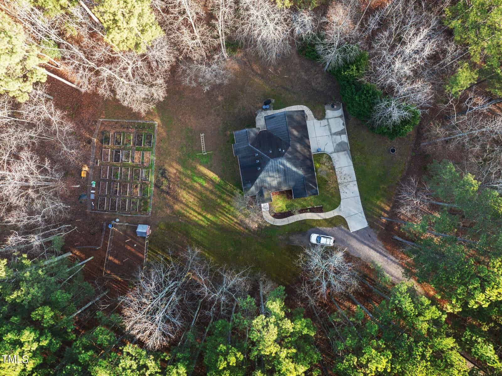 Aerial view of a house surrounded by dense trees. The property includes a driveway, a parked vehicle, and a garden with rectangular plots on the left. The trees are a mix of leafy and evergreen, with long shadows cast on the ground.