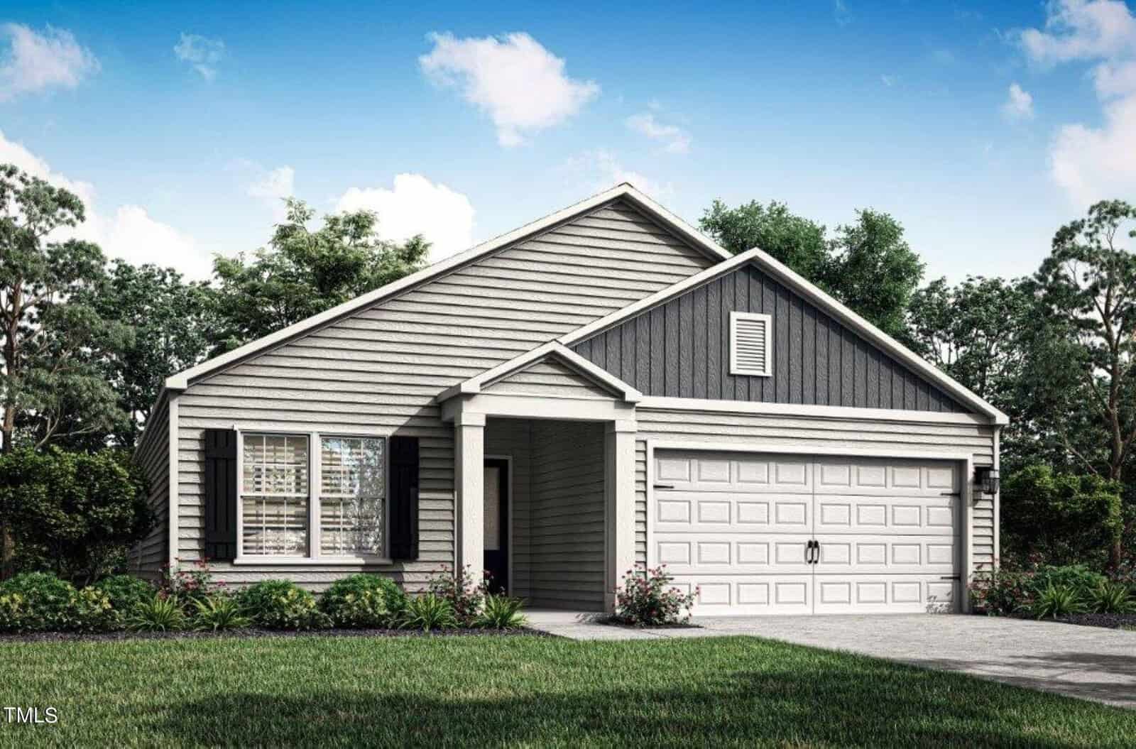 Nestled at 107 Long Green Way in Oxford, this modern, single-story house boasts light gray siding and dark gray accents. It features a two-car garage with a white door, a quaint front porch, and a landscaped yard adorned with green shrubs and flowers under the clear blue sky.