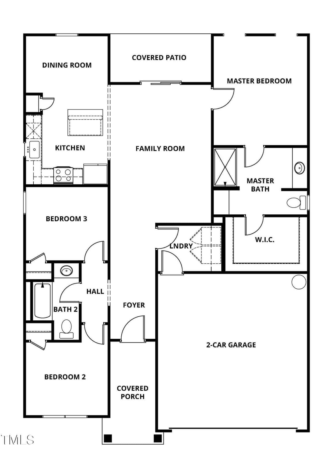 Floor plan of a house featuring a 2-car garage, three bedrooms, two bathrooms, kitchen, dining room, family room, master bedroom with en-suite and walk-in closet, laundry room, covered porch, and covered patio.