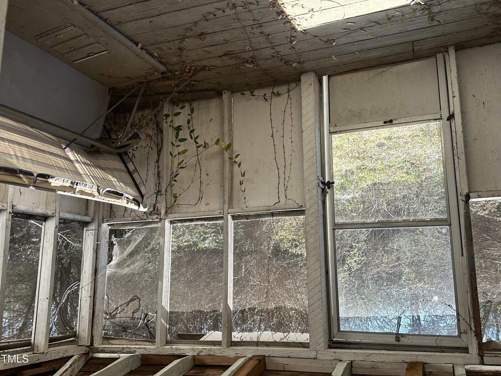 An old porch with large windows showing signs of neglect and disrepair, where nature is beginning to encroach through the cracks and openings.