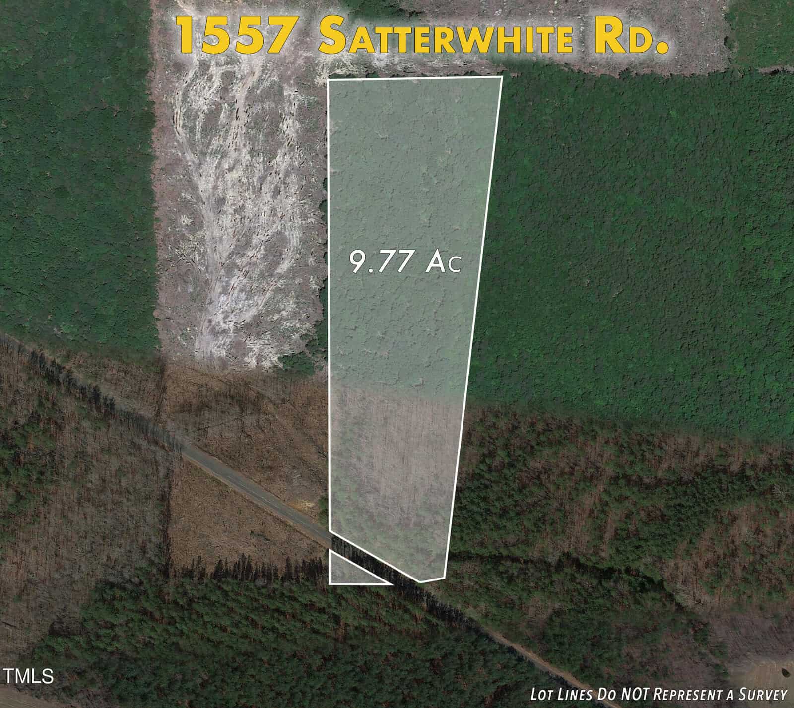 Aerial view of a 9.77-acre plot marked on a map at 1557 Satterwhite Rd. The plot is outlined in white, with surrounding green forestry and a road intersection visible. Text indicates lot lines do not represent a survey.