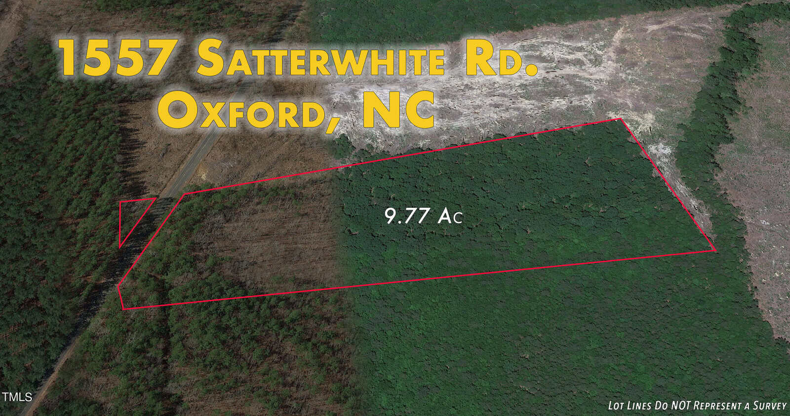 Aerial view of a rectangular plot of land outlined in red, labeled "9.77 Ac," surrounded by greenery. Text reads "1557 Satterwhite Rd., Oxford, NC." The image notes that the lot lines do not represent a survey.
