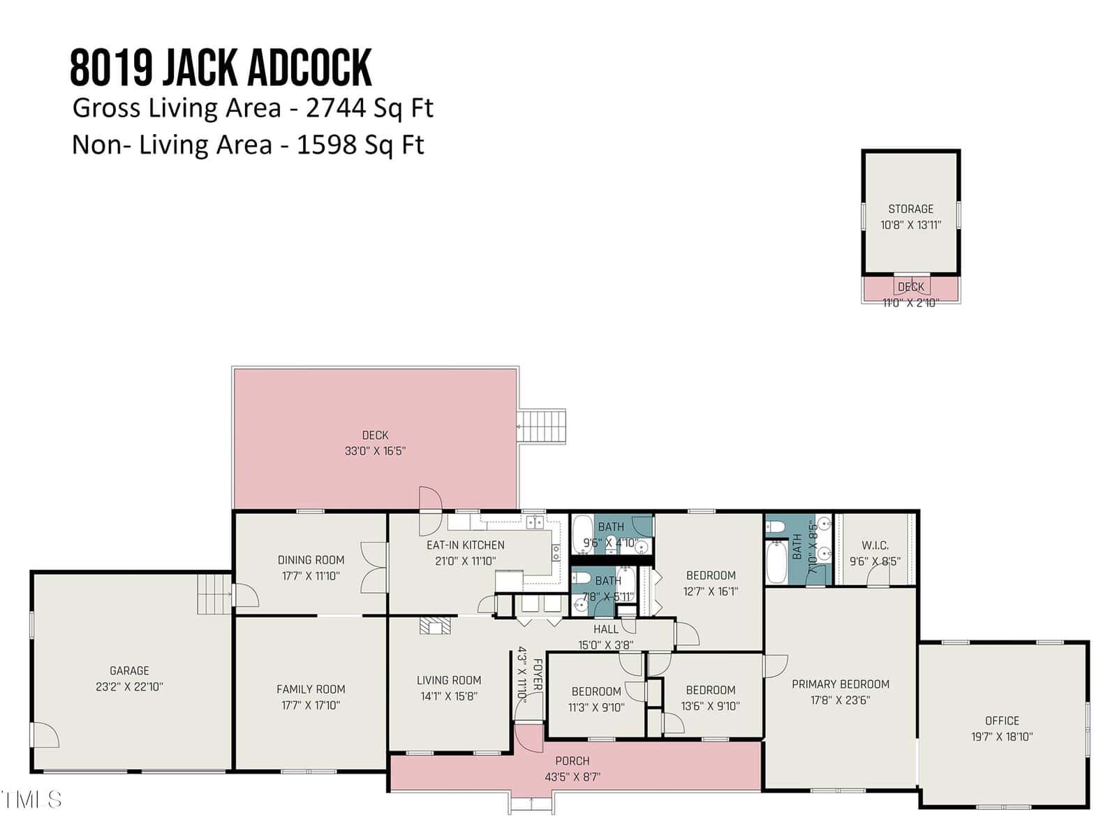Floor plan of a house labeled "8019 Jack Adcock" with gross living area of 2744 sq ft and non-living area of 1598 sq ft. Includes rooms like kitchen, bedrooms, living and family rooms, office, garage, and deck.