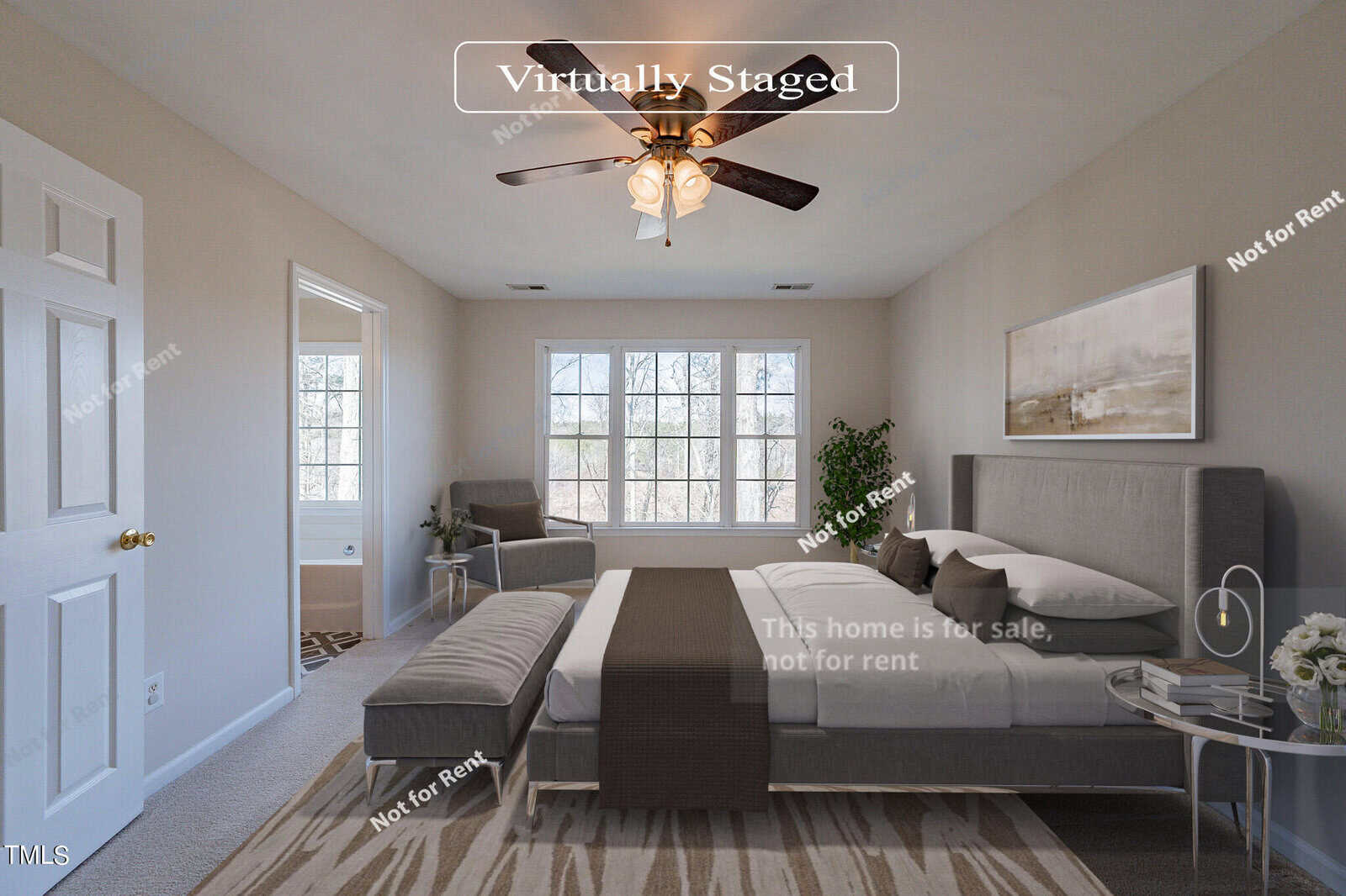 A virtually staged bedroom features a large bed with gray headboard and brown bedding, a bench at the foot, and a brown area rug. A ceiling fan hangs above, and a window allows natural light into the room. Text indicates it's for sale, not for rent.