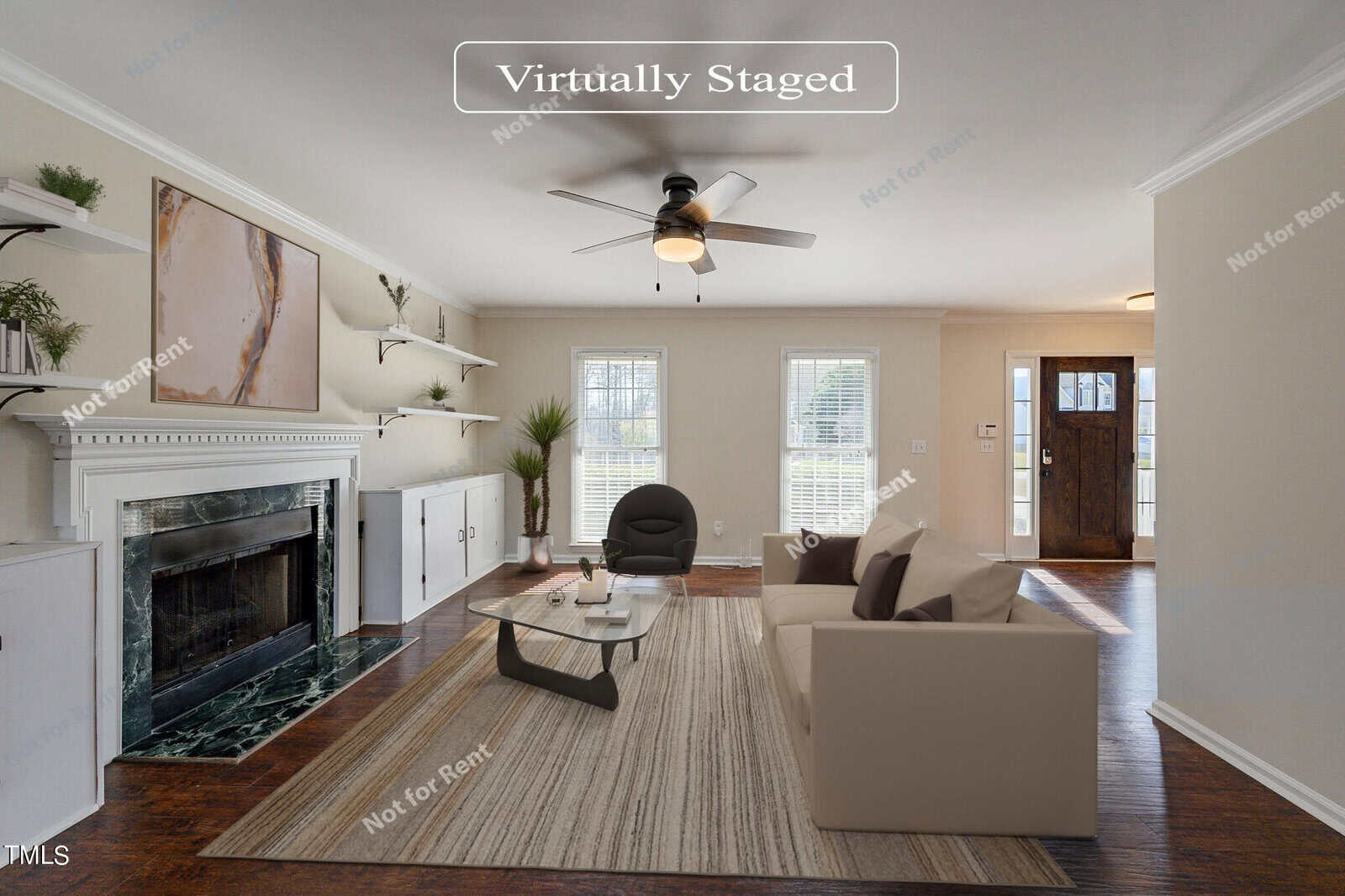 A virtually staged living room with a modern design features a sofa, armchair, coffee table, and fireplace. Large windows and a ceiling fan add brightness and ventilation. Walls are adorned with minimalist art and shelves. "Not for Rent" is watermarked.