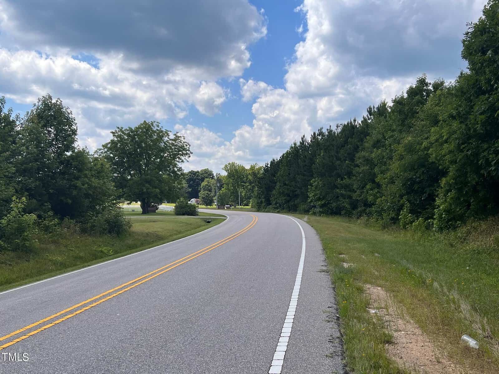 A curved country road lined with lush green trees under a partly cloudy sky. yellow dividing lines are visible on the asphalt, and there is an open grassy area to the left.