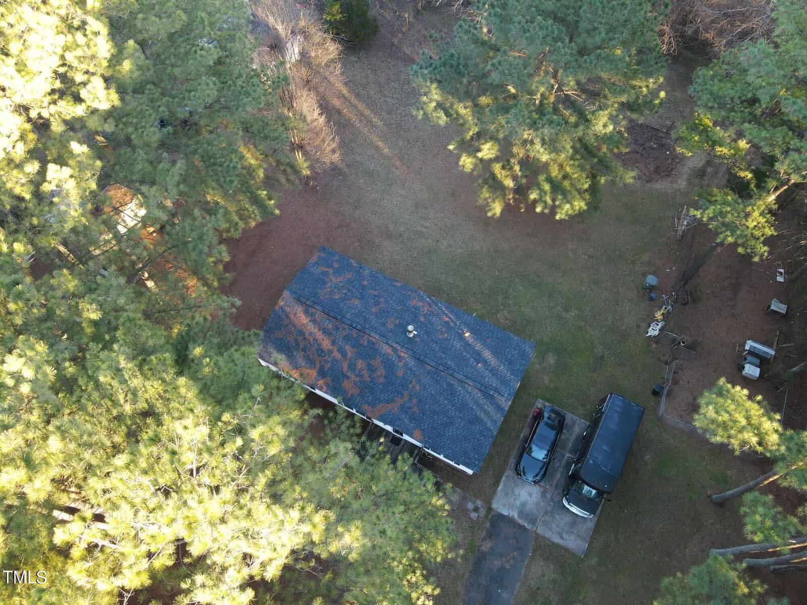 Aerial view of a small house with a dark roof surrounded by tall evergreen trees. Two vehicles are parked on the driveway beside the house. Sunlight filters through the trees, creating a serene atmosphere.