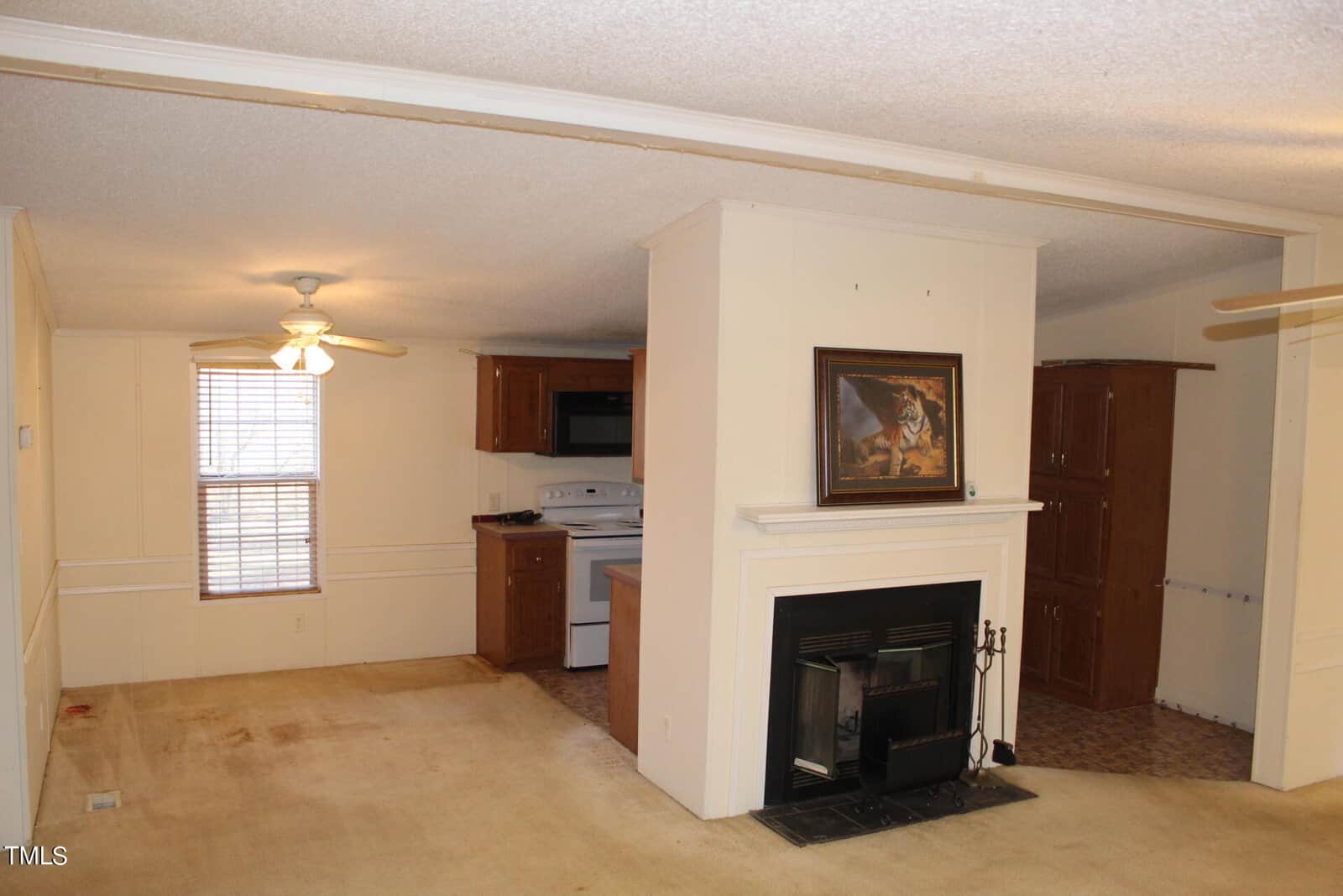 An empty living room with beige carpeting and a small kitchen. A white fireplace with an animal painting sits in the center. The kitchen features wooden cabinets, an oven, and a microwave. A ceiling fan hangs from the kitchen ceiling.