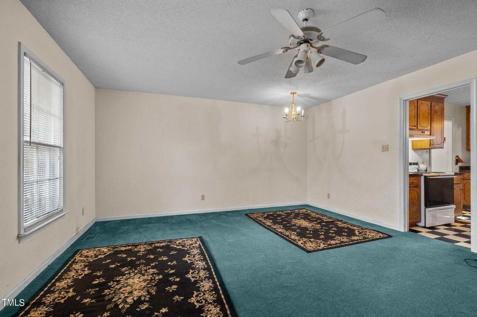A spacious room featuring a green carpet and white walls, with a ceiling fan above. on the right, an open doorway leads to a kitchen with a checkered floor. two ornate rugs lie on the floor.