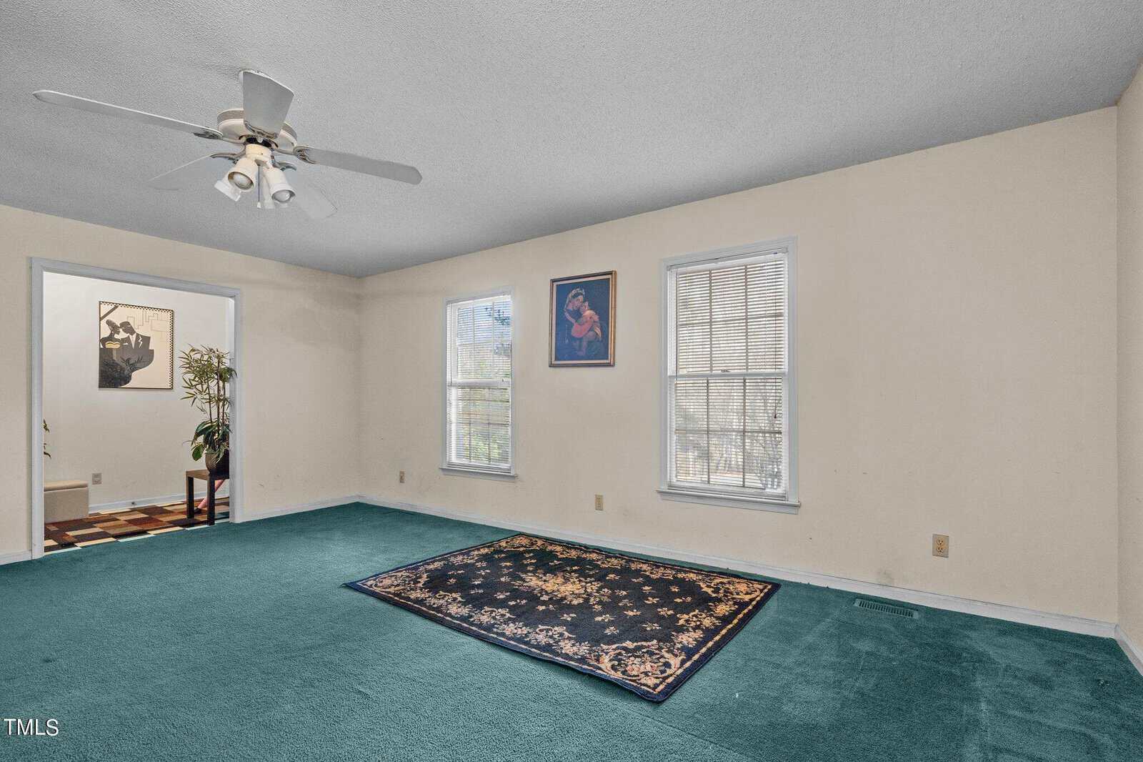 An empty living room with turquoise carpet, white walls, a ceiling fan, and two windows. decor includes a black rug and a framed art piece above a small console table.