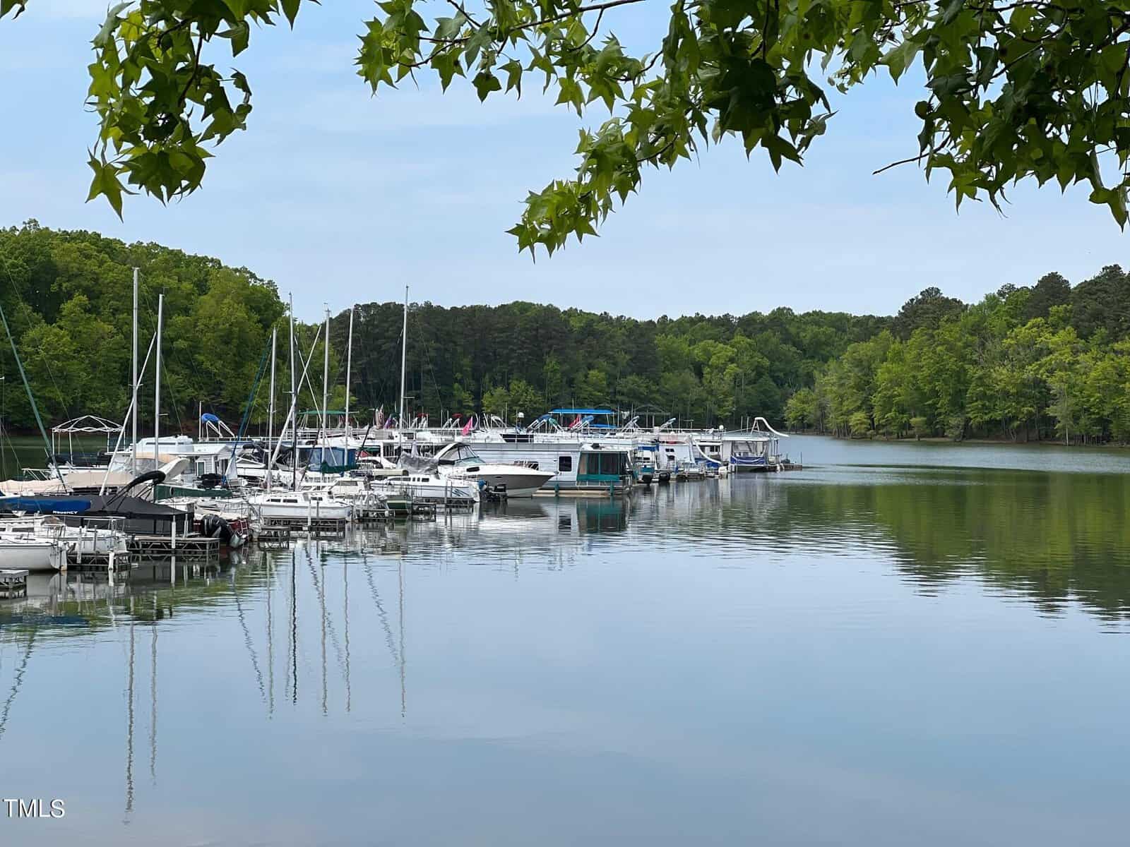 A serene marina with a variety of boats moored on calm blue water, flanked by lush green trees under a clear sky.