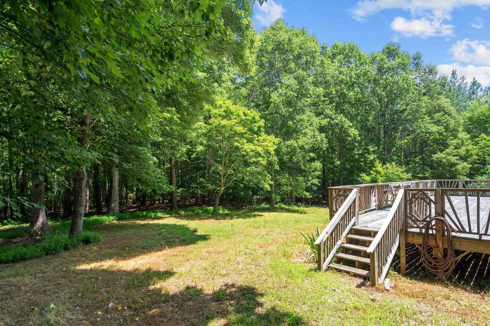 A lush green backyard with a wooden deck on the right, surrounded by a mix of tall trees. A sun-drenched lawn is in the foreground, and a clear blue sky with scattered clouds is visible above.