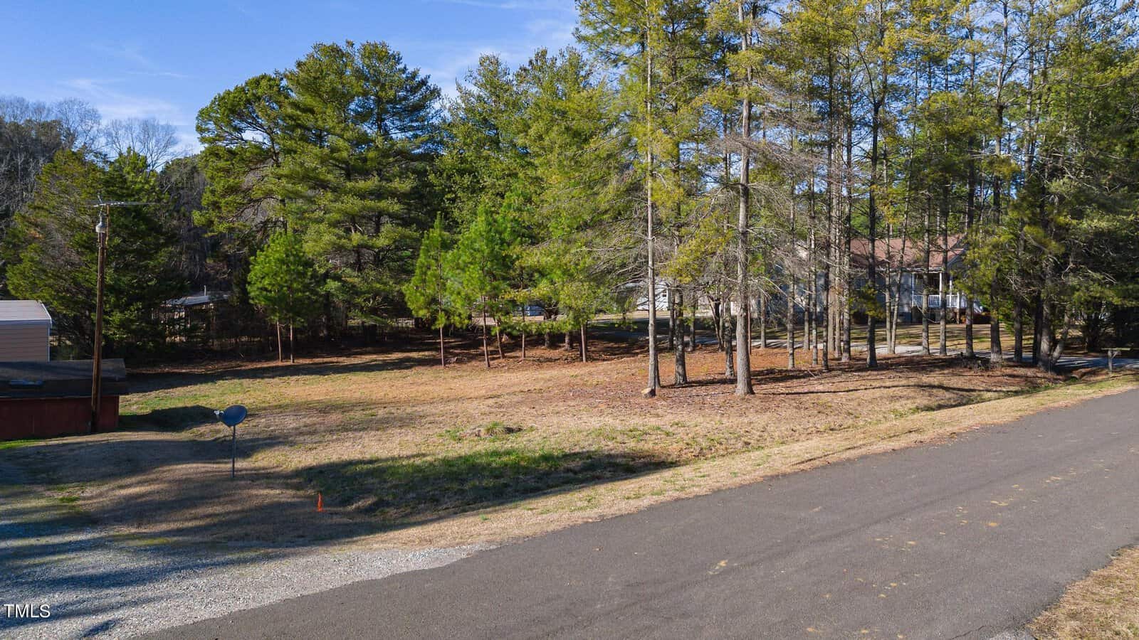 A vacant plot of land bordered by a road in a residential neighborhood. The plot is partially covered with dry grass and surrounded by tall trees. A few houses are visible in the background under a clear blue sky.
