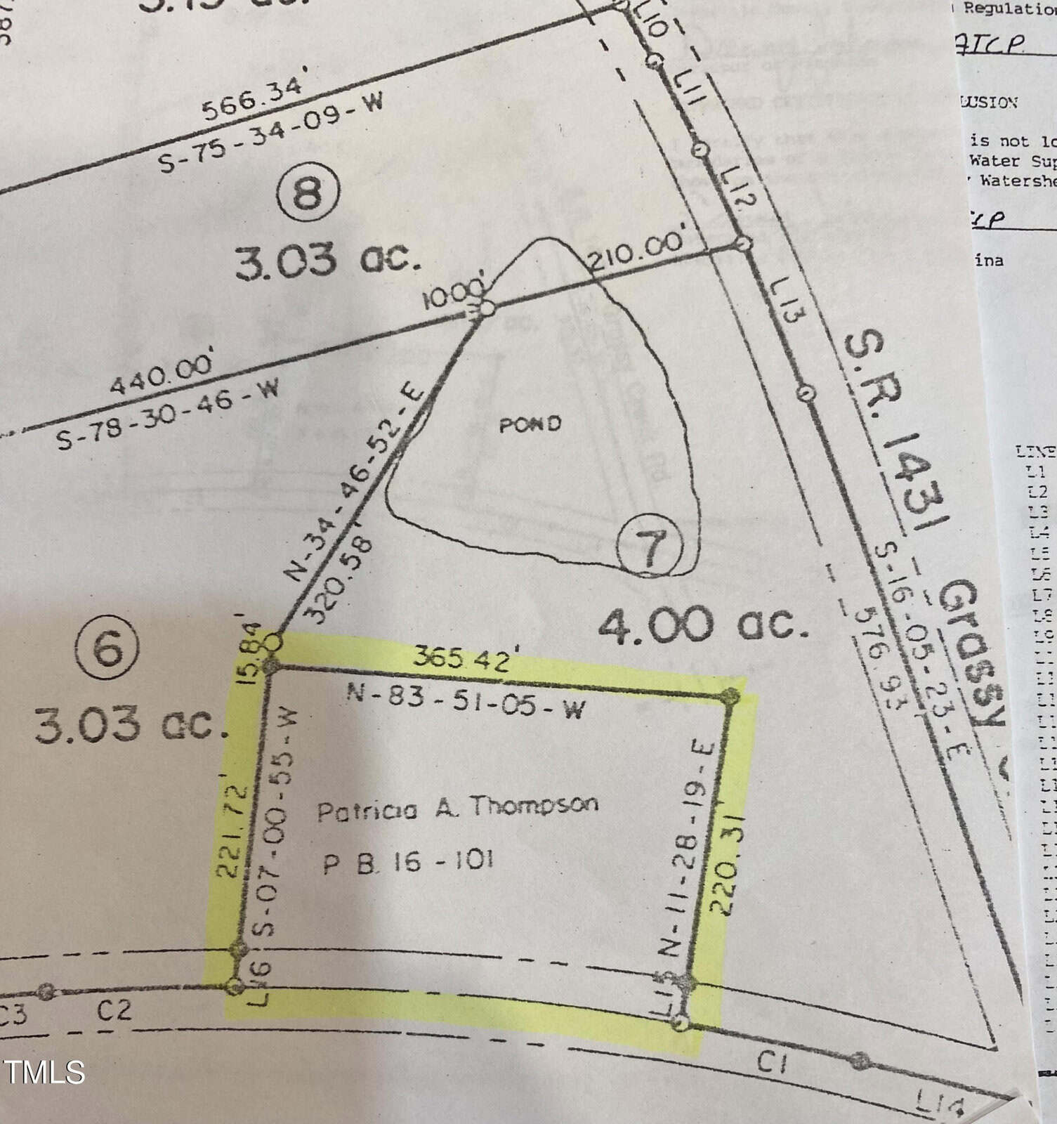 A survey map showing various land plots. Highlighted area labeled "Patricia A. Thompson" with boundary coordinates and adjoining plots. Includes a small pond marked on the map.