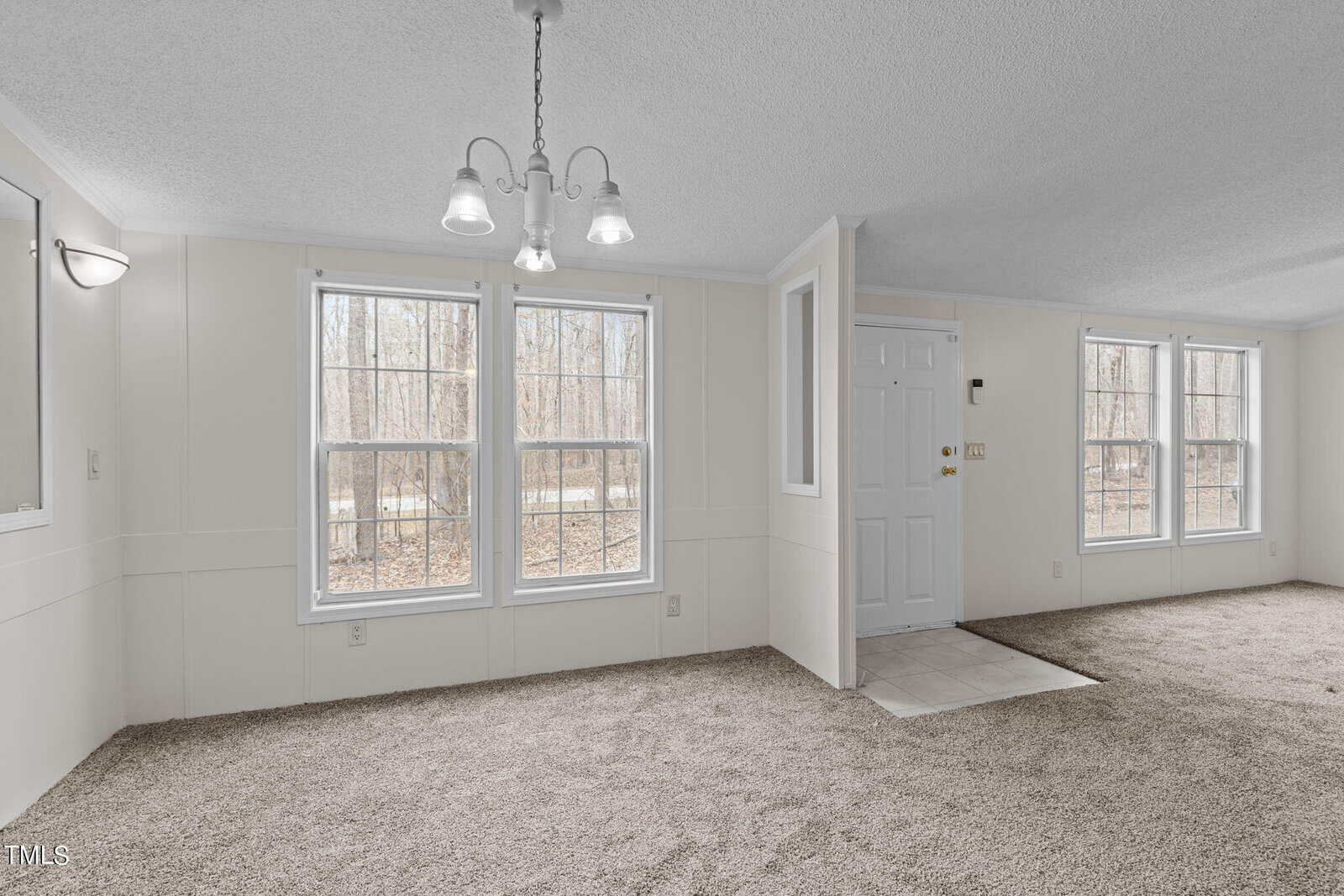 A bright, empty living room featuring large windows, beige carpeting, and white walls. A white front door with a small tiled entry area is visible, and a modern pendant light fixture hangs from the ceiling. The windows offer a view of a wooded area outside.