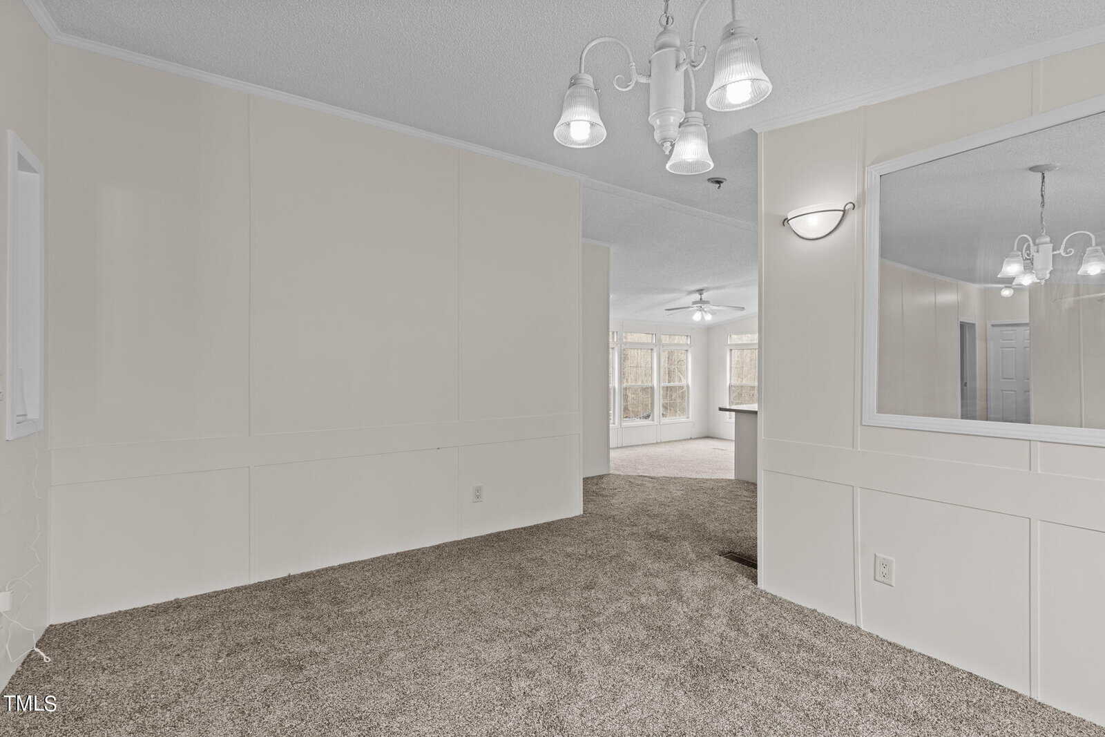 A spacious, empty room with beige walls and carpeted floor. A window opening in one wall looks into another room. Ceiling lights with multiple fixtures are visible, and large windows and a ceiling fan are seen in the background room.