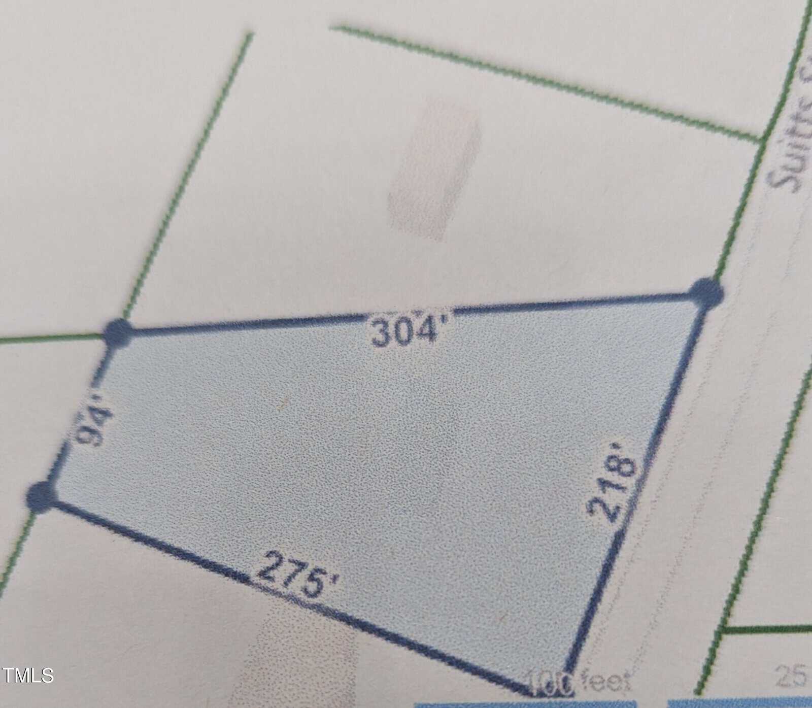 Diagram of an irregularly shaped plot of land marked with blue borders. The lengths of the sides are labeled as 304', 218', 275', and 94'. The street named "Suits" is visible on the right side.