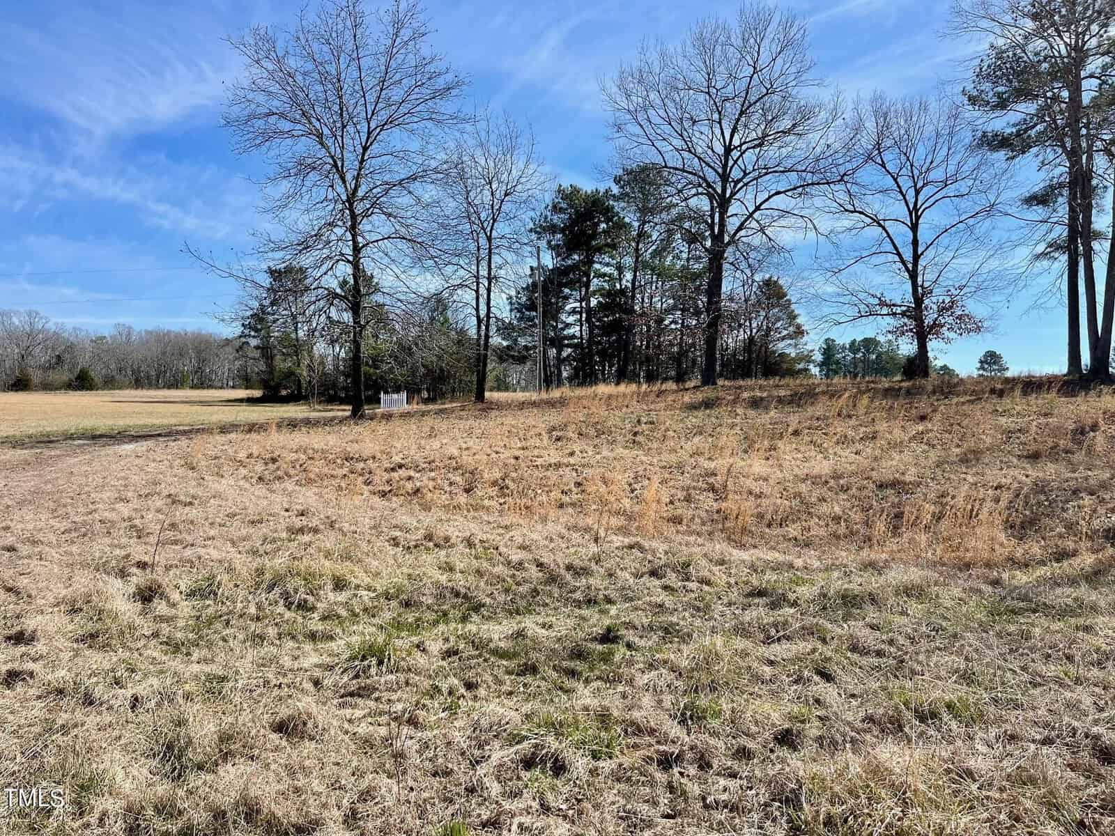 A spacious rural landscape featuring a dry, grassy field with several bare trees under a clear blue sky, symbolizing tranquility and the onset of cooler seasons.