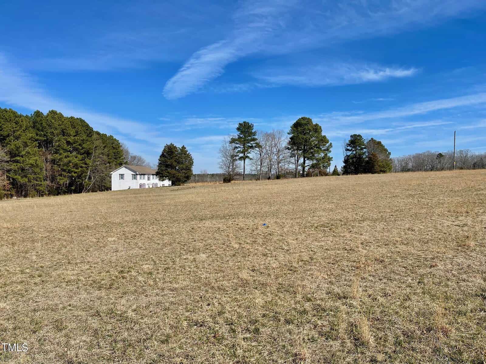 A wide open field under a clear blue sky with few clouds, featuring sparse trees and a distant white house on the left.