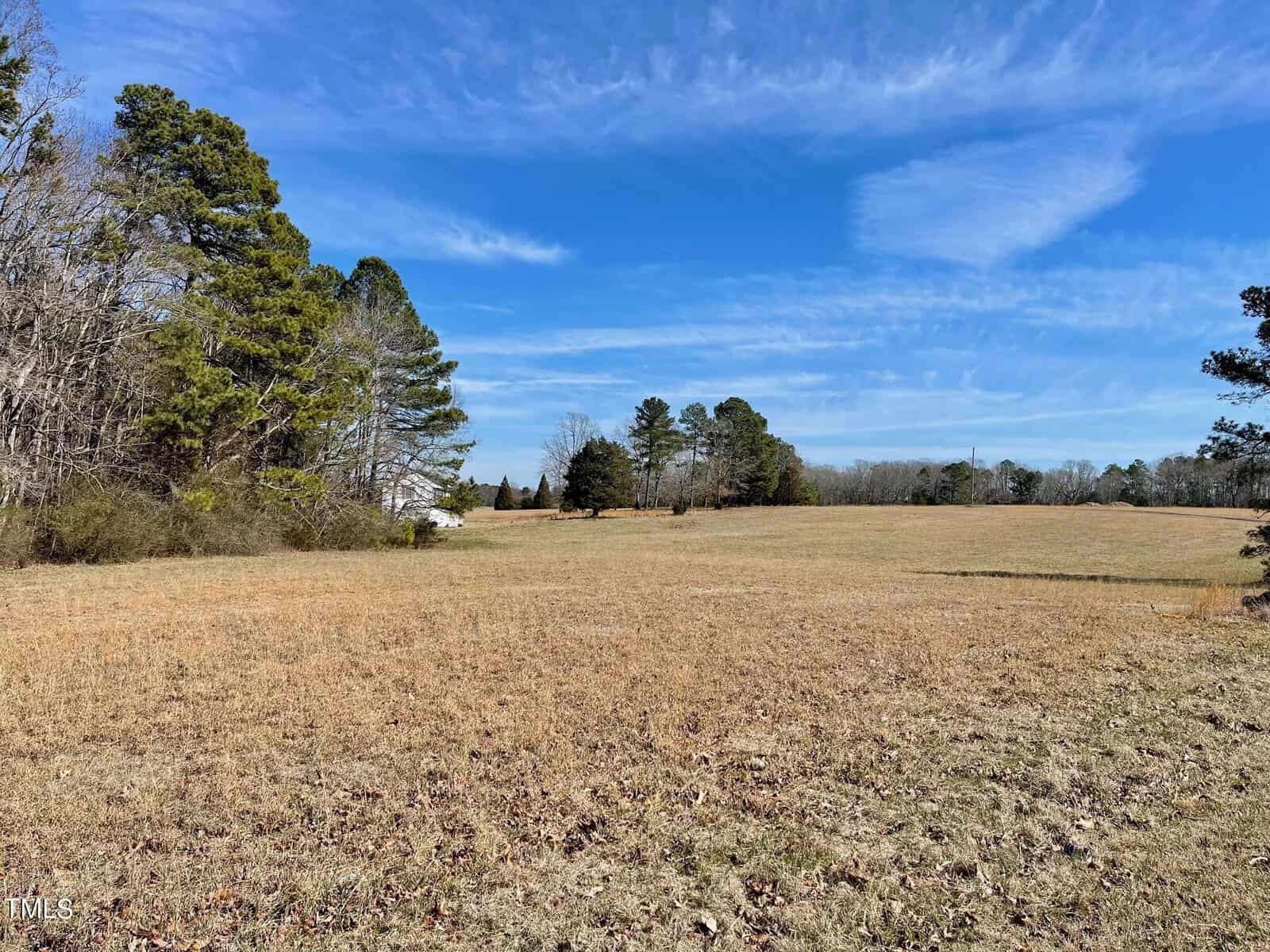 A spacious field with dried, yellow grass under a clear blue sky dotted with wispy clouds, bordered by trees and a distant white building on the left.