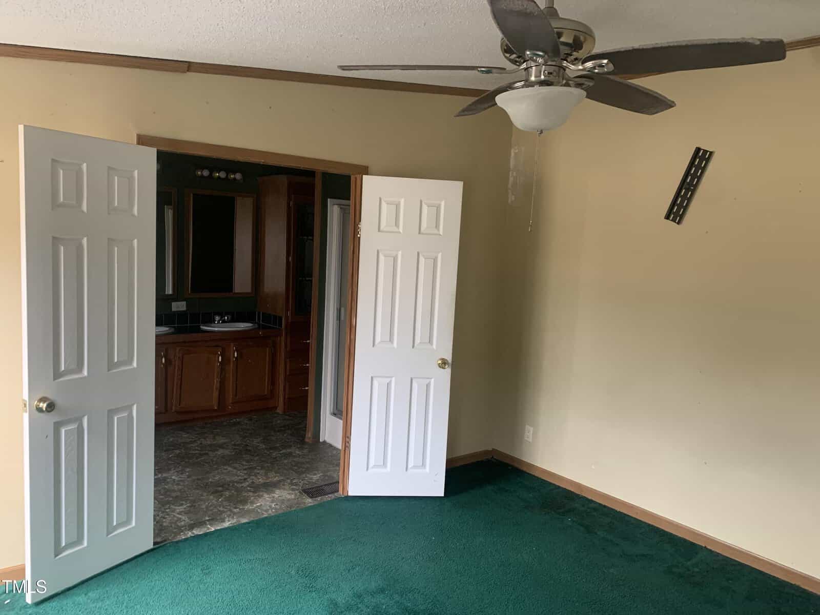 An empty room with green carpeting, beige walls, an open door on the left, a ceiling fan, and a detached door leaning against the wall.