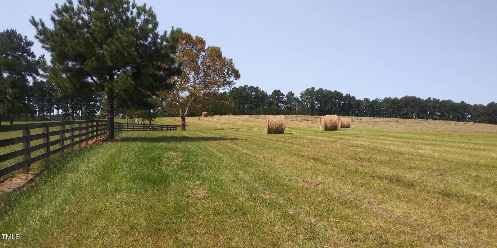 A grassy field with several large hay bales scattered across. A wooden fence runs along the left side, and a few trees are scattered in the background under a clear blue sky.