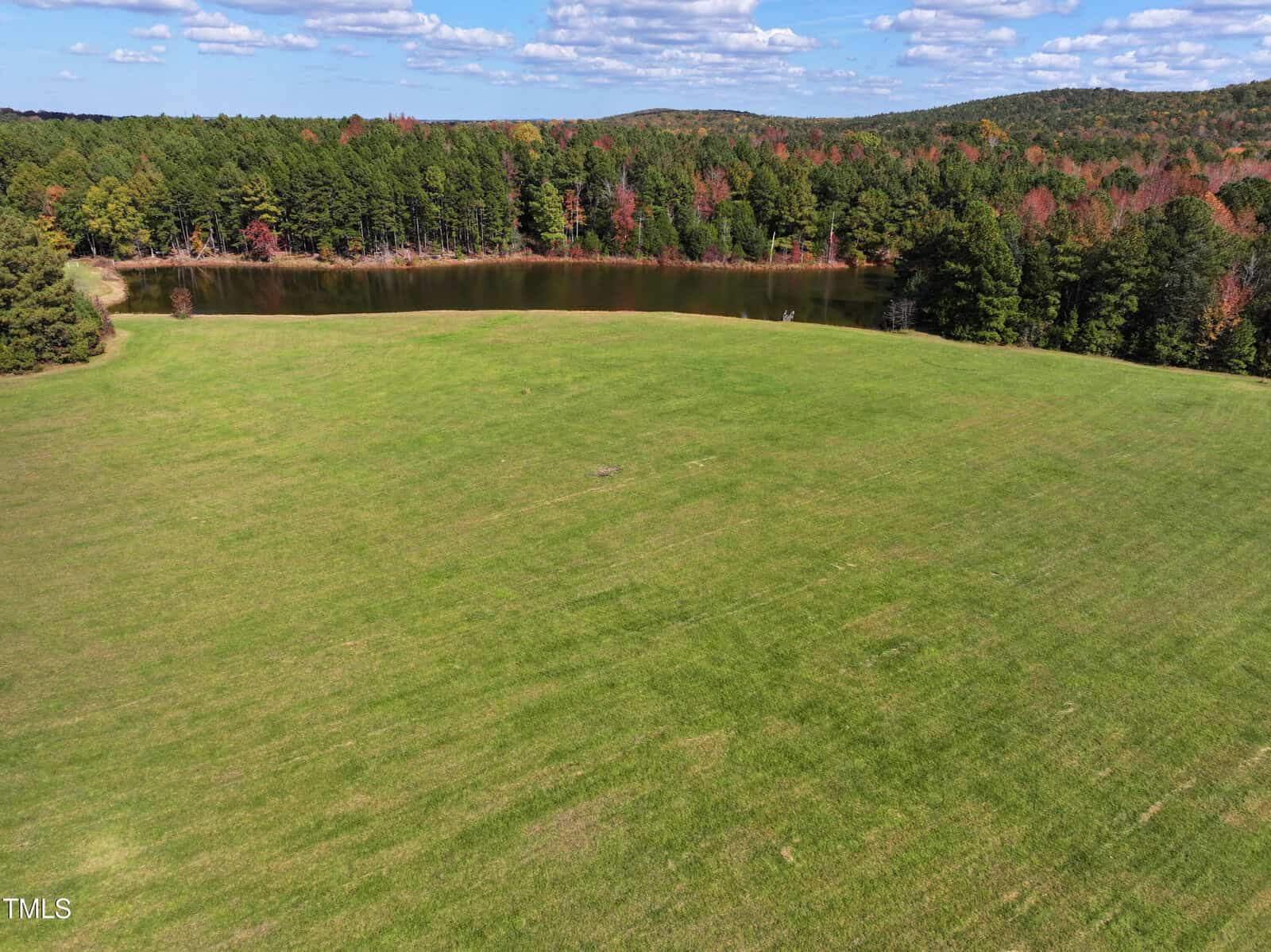 Aerial view of a lush green field with a small pond surrounded by a forest of trees displaying autumn colors under a partly cloudy sky.