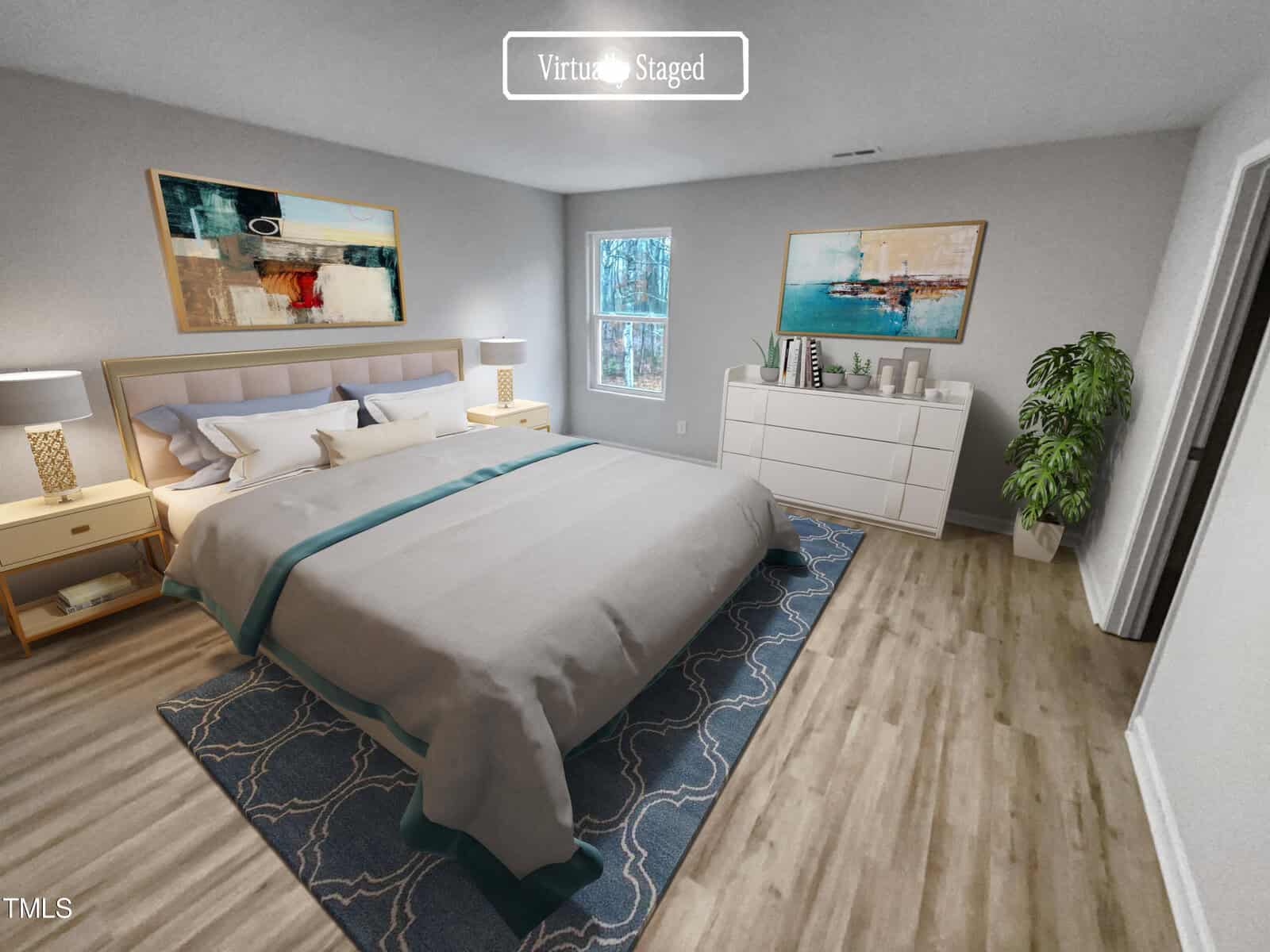 A virtually staged bedroom with a large bed, two nightstands with lamps, a dresser, two abstract paintings, a potted plant, and a window; the floor is wood and the walls are painted light gray.